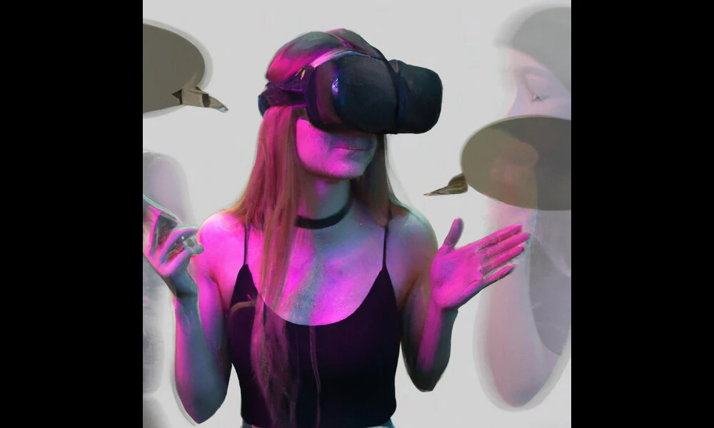 a girl wearing an Oculus Quest 2 talking with his friends in the metaverse | Rémy Metalograms on Flickr